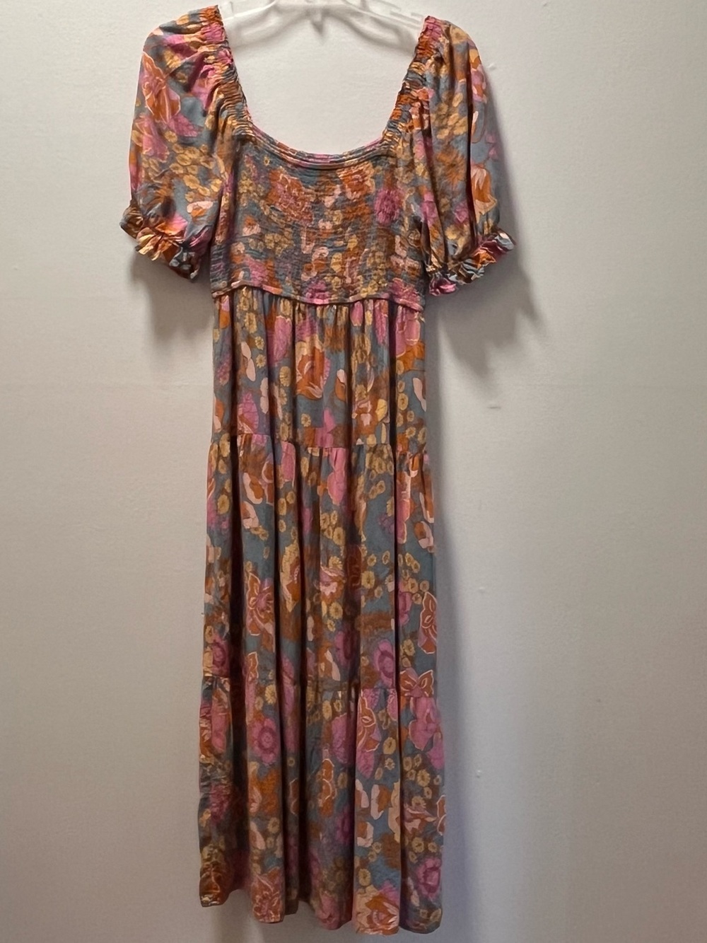Zesica Cottage-core Romantic Tiered Puff-Sleeve Smock Bodice Maxi Sundress, Sz M
